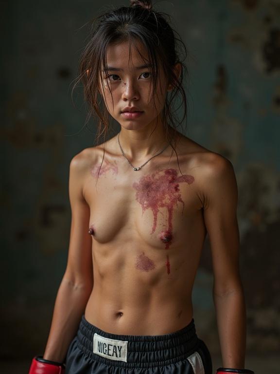 Young skinny female Thai boxer with defined abs. Bloodstreams on the body. Appearance is dirty and sweaty. Hair looks untidy.