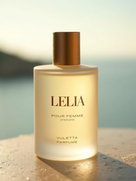 A niche artisan perfume is displayed. The bottle is frosted pale gold with the name 'LELIA' embossed in minimalist rose gold font. It features 'Pour Femme' below and brand 'VULETTA' in bronze font. The background shows a soft-focus Adriatic sky. The surface is hand-textured with natural light creating a soft diffused effect.