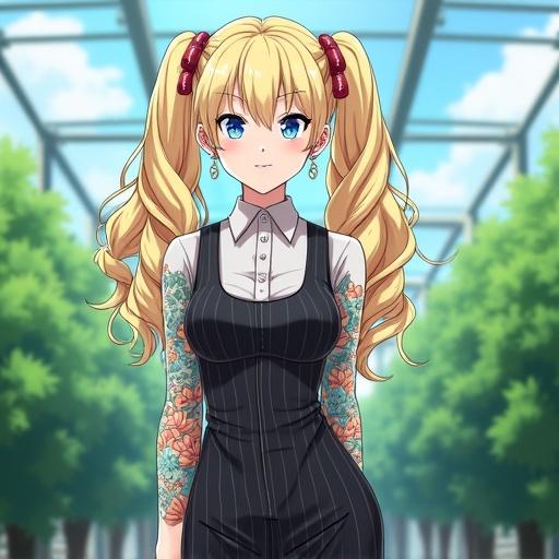 Anime character features a woman with large light blonde curly pigtails. She wears a pinstriped office dress showcasing tattoos on her arms. The setting is a modern luxurious office greenhouse. Her look is professional with a touch of summer style.
