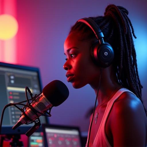 Image of a DJ girl from Trinidad in a radio station with colorful lighting and a microphones. Colorfield style present.