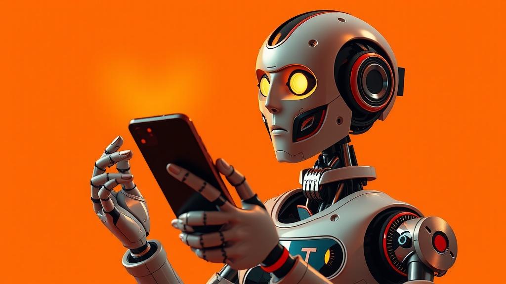 A futuristic robot examines a smartphone against an orange background.