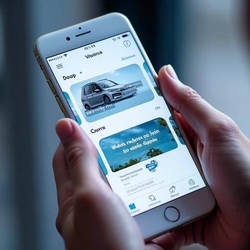 Advertisement for asset management mobile app for car dealerships. Smartphone in hand showcasing app interface with car listings and management features. Emphasis on ease of use and efficiency.