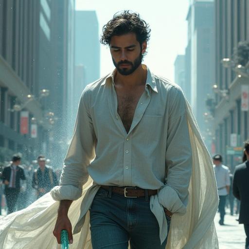 Elias stands seriously in an urban financial district. He wears a slightly worn-out shirt and humble pants. Background shows blurry tall buildings and business people. Thought bubble shows Elias thinking about his day. Other colleagues make fun of his shirt.