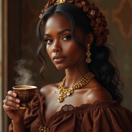 A hyper-realistic fantasy portrait of Laphidhea. The goddess embodies divine sensuality and sweet temptation. Her skin has a rich cocoa hue with velvety glow. Hair flows like molten dark chocolate with caramel highlights. Gown made from chocolate silk with ganache texture. Adorned with cacao bean jewelry. Holding a cup of magical cocoa. Glossy lips like tempered chocolate. Deep amber eyes. Background softly blurred with warm tones.