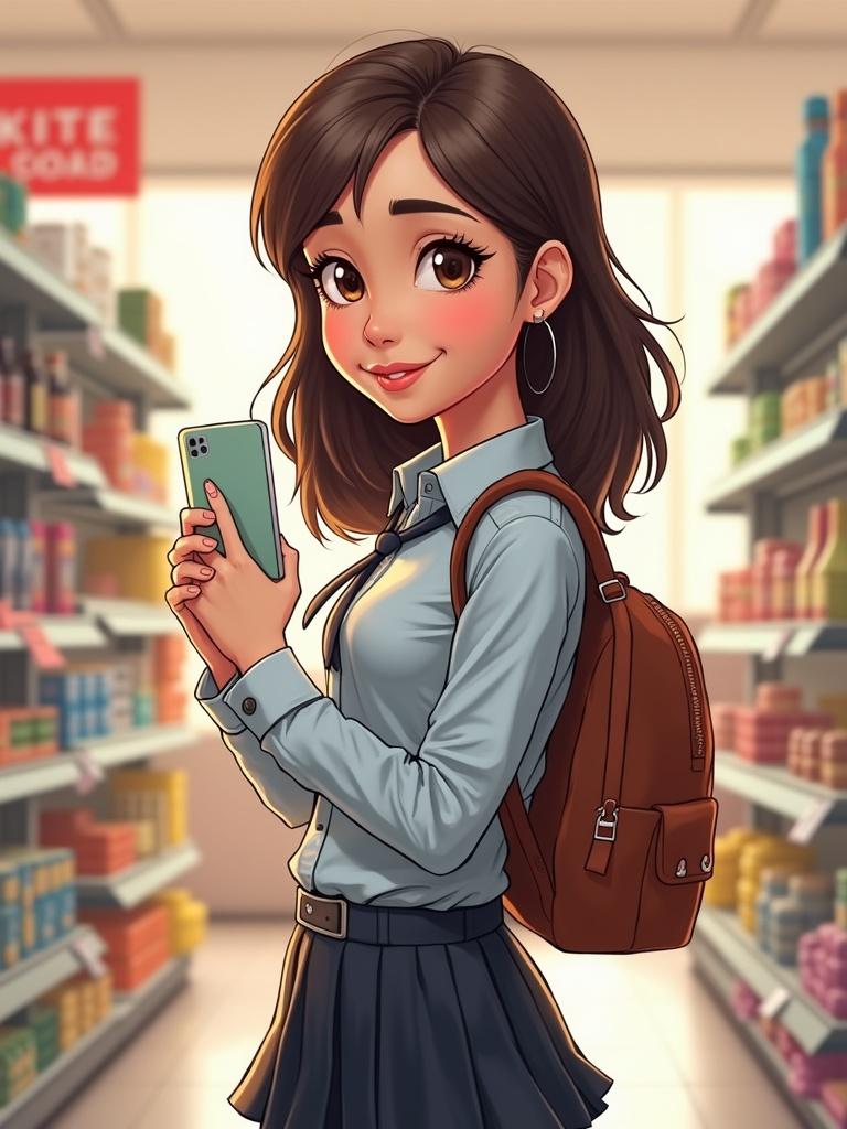 Cartoon image of a female student in a school uniform holding a smartphone in a grocery store. The student wears a blue shirt with a tie and a skirt, has long hair, and carries a brown backpack. Shelves filled with products are visible in the background. The environment is bright and colorful.