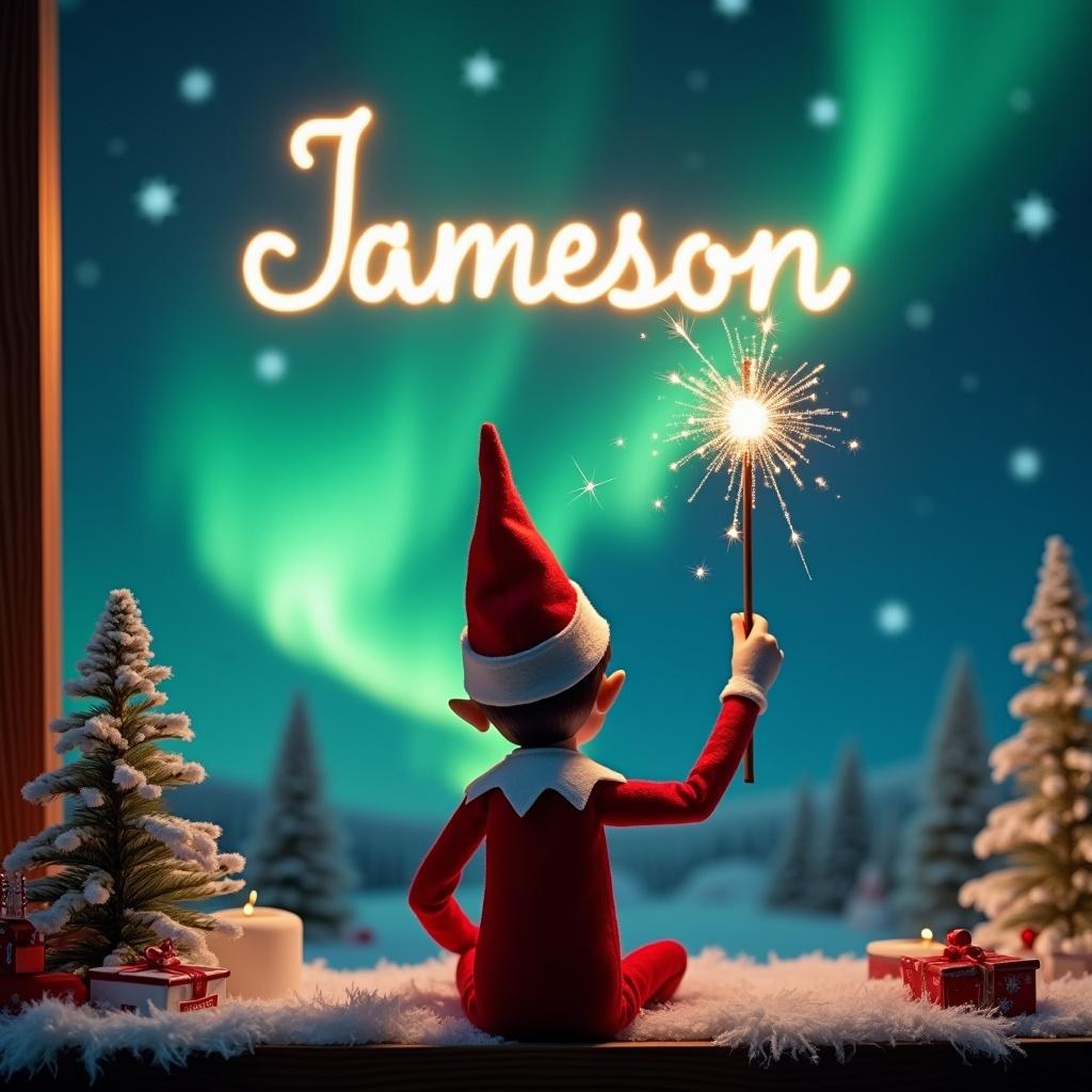 An enchanting Christmas scene featuring a whimsical elf on the shelf. The elf, dressed in red and white, is facing the mesmerizing northern lights with its back to the viewer. It wields a magical wand, creating the word 'Jameson' in a glowing script above. The backdrop includes snowy trees and festive decorations. A feeling of excitement and wonder encapsulates the scene, celebrating the joyful essence of the holiday season.