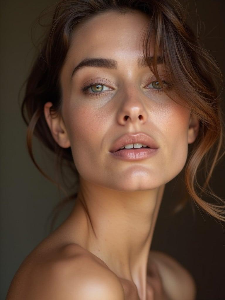 Portrait of a woman showcasing beautiful skin texture. Model has a serene expression and elegant posture. Hair is styled loosely with soft waves. Focus is on the shoulder and neck area. Lighting is warm and inviting.