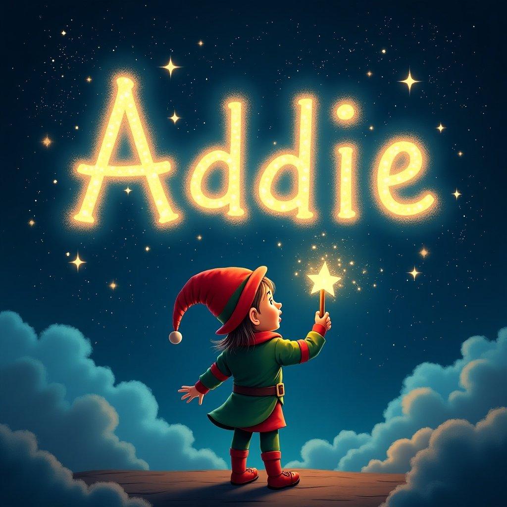 An elf writes the name Addie using a magical wand. Bright sparkling text appears against a starry sky. Dark clouds enhance the luminous letters. The elf wears colorful clothing creating a whimsical atmosphere. Twinkling stars add to the magic.