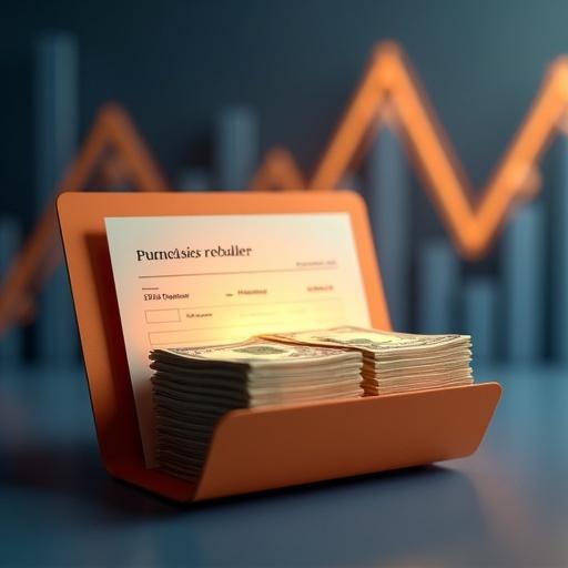 Stack of money emerging from an orange purchase order folder with a glowing effect. A blurry sales chart showing a downward trend is in the background. Designed for Mexican consumers with minimalistic and corporate-realism style.