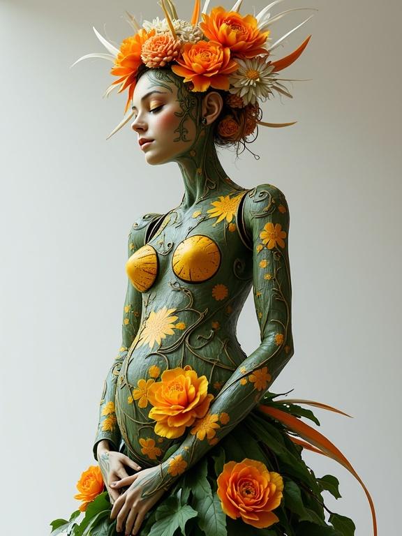 3D full body woman made of wood. Skin covered in dark green leaves and vines. Yellow and orange flowers adorn the body. Tushy covered with a crown of orange peonies and feathers.