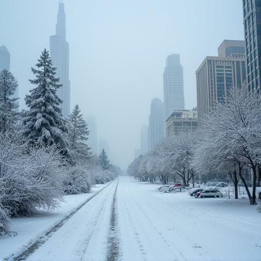 A winter scene in Dubai showing a snow-covered street with trees lining the sides and a skyline in the background. The atmosphere is foggy and quiet.