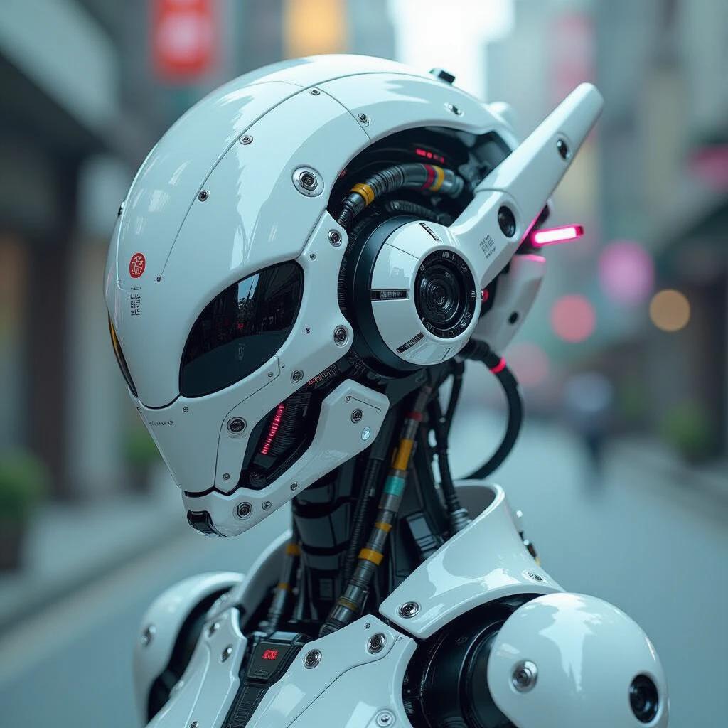 High-quality photograph of a robot head inspired by motorcycle motors. Alien robot design features intricate components and wires. Creamy white colors dominate the head. Detailed articulations and gears with kanji inscriptions are present. Robot wears a luxurious kimono. Background shows lush nature. Scene captures complex details impressively.