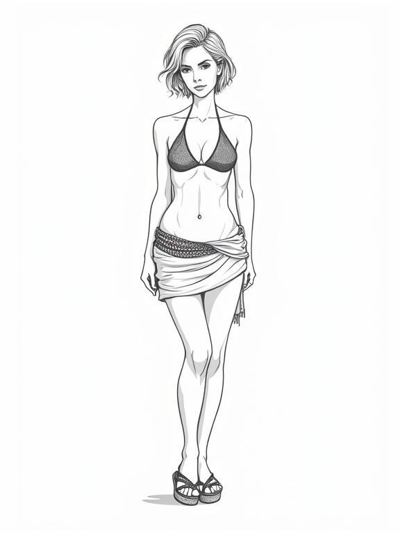 Vector illustration of a mature woman wearing a bikini and sarong. She has short hair and a toned body, highlighting her abs. The image is outlined in black and white with high definition details. She wears wedges and platform sandals. The overall style is sleek and minimalistic.
