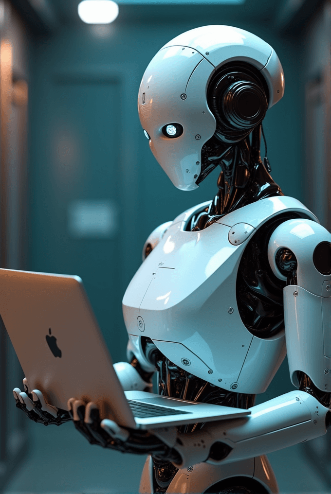 A futuristic robot sits in an office using a laptop.