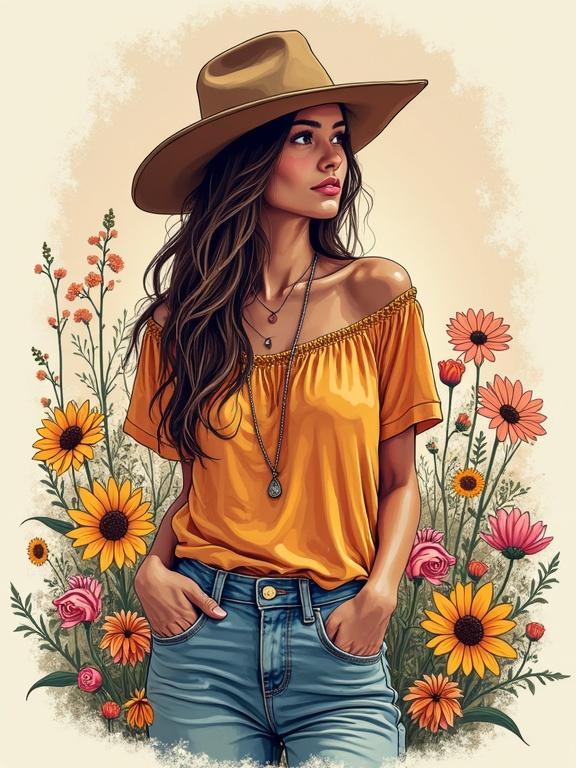 Design t-shirt featuring a cowgirl woman with off-shoulder top standing among wildflowers. Use pastel colors for a soft inviting look with graffiti grunge elements.