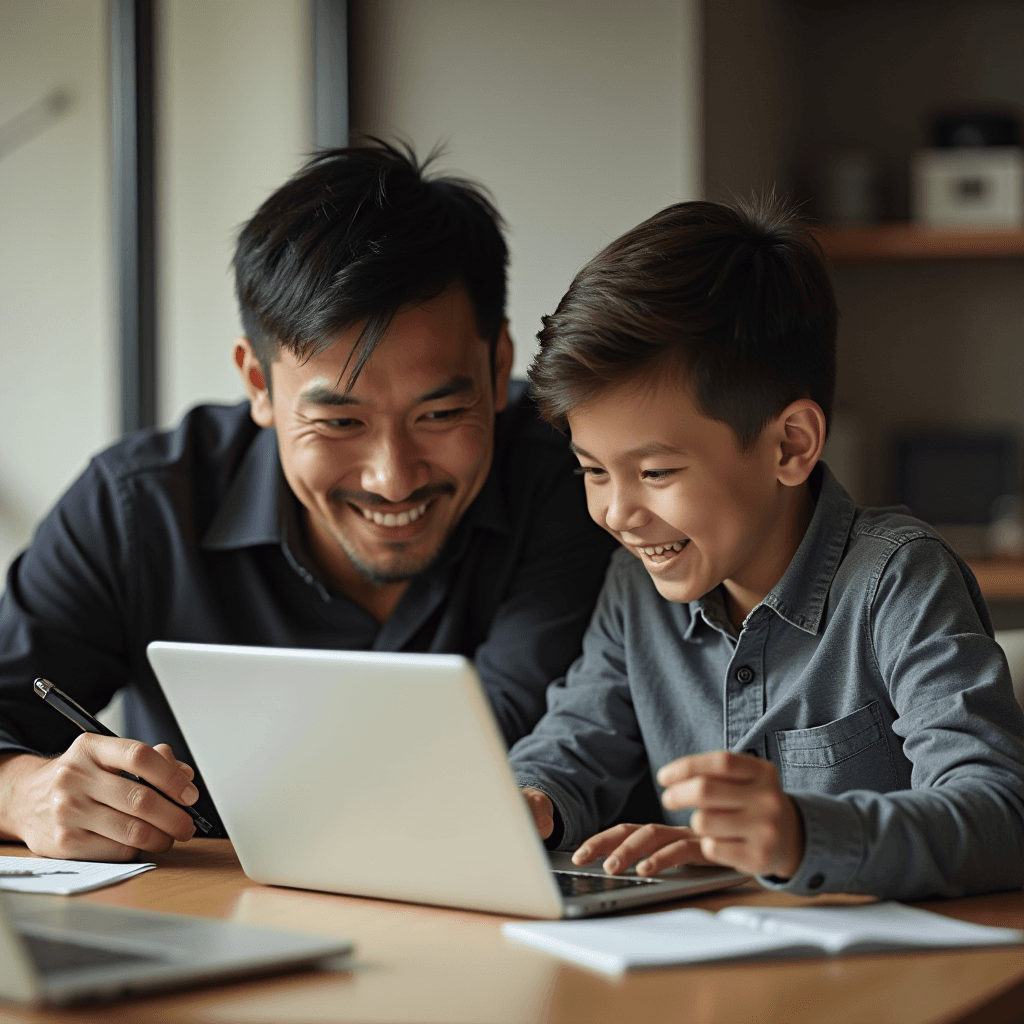 A smiling father and son sit together at a table, engaging with a laptop, surrounded by papers in a cozy, modern room.