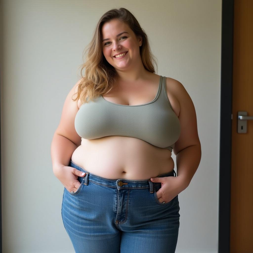 A young woman is standing confidently in front of a simple background. She has long, wavy hair and is smiling, exuding a sense of happiness and self-acceptance. She wears a gray tank top and high-waisted blue jeans that fit comfortably. Her posture is relaxed, with hands resting on her hips. The lighting creates a warm and inviting atmosphere, emphasizing her joyful expression and natural beauty.