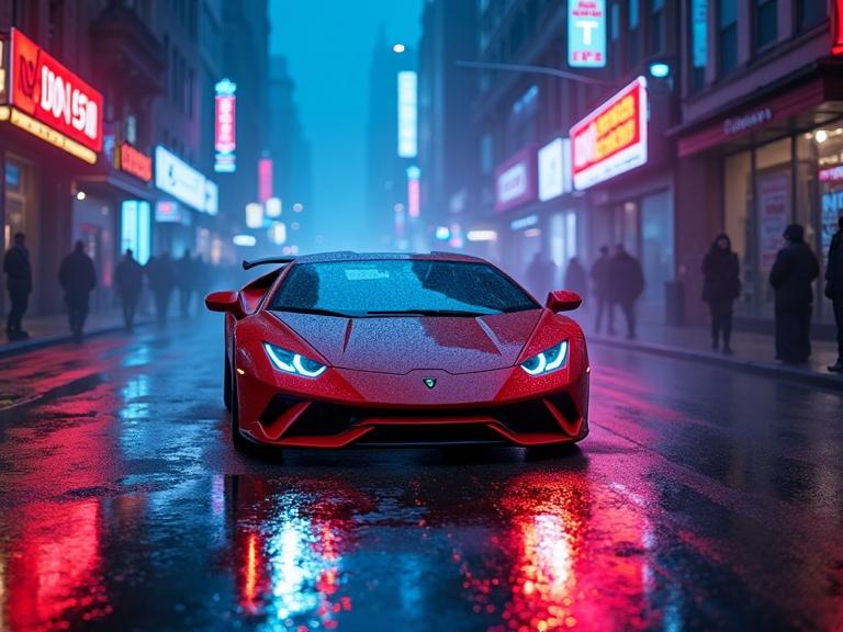Futuristic Lamborghini in a neon-lit New York City street. Cyberpunk atmosphere with deep blue and red lights. Laser-lit wheels and holographic visual elements. Rain creates reflective surfaces. A living circuit with vibrant colors and city energy.