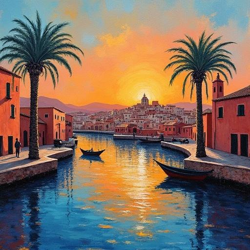 A vibrant acrylic painting depicting Essaouira, Morocco. Scene includes palm trees lining a canal with boats. Sunset casts warm colors across the water, reflecting the architecture of the city.