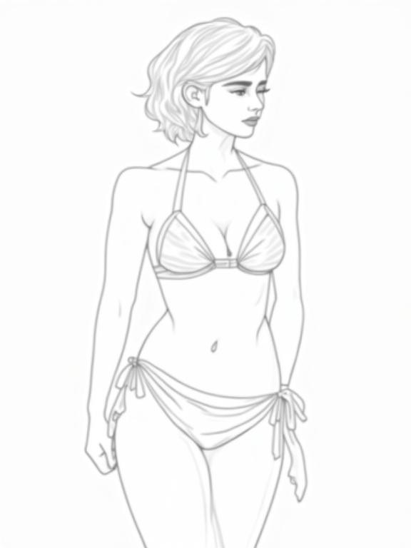 Vector illustration of a mature woman in a bikini and sarong. She has short hair and a curvy figure. The artwork emphasizes toned abs and thick thighs. The illustration is in black and white with an outline style. The view is from the side focusing on the body.