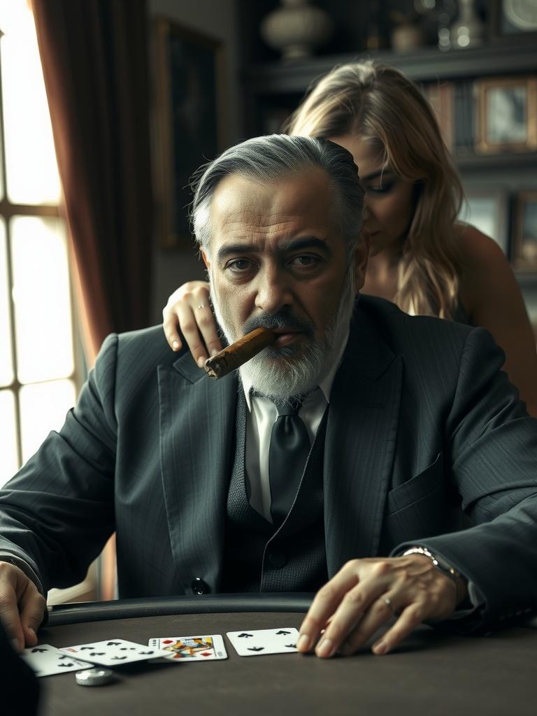 The image portrays a distinguished older man sitting at a poker table, exuding a sense of power and control. He is dressed in a sharp suit, with a cigar in his mouth, adding a touch of audacity to his demeanor. Behind him stands a woman, gently placing her hands on his shoulders, adding an element of intrigue and mystery to the scene.