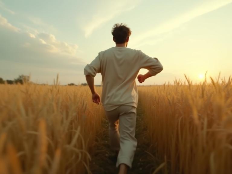 A lone figure runs through a quiet wheat field at dawn. The photograph captures soft morning light and muted colors. The figure wears loose-fitting beige clothing. The focus is mid-height from behind. The scene includes motion blur from a slow shutter speed. Wheat sways gently in the wind. The atmosphere appears calm and serene.