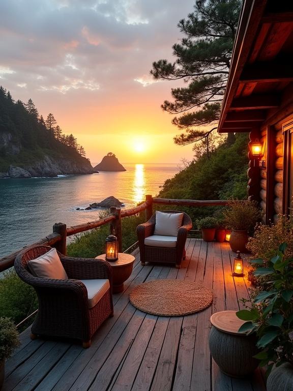 Stunning coastal sunset scene viewed from a wooden terrace. Rustic cabin nearby. Warm ambiance with lanterns. Calm ocean waves reflecting the glow. Lush green vegetation surrounding the area.