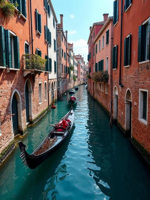 Gondolas in a canal in Venice. Traditional Venetian architecture surrounds the waterway. Bright daylight illuminates the scene. The composition includes soft-edged buildings reflecting in the canal.