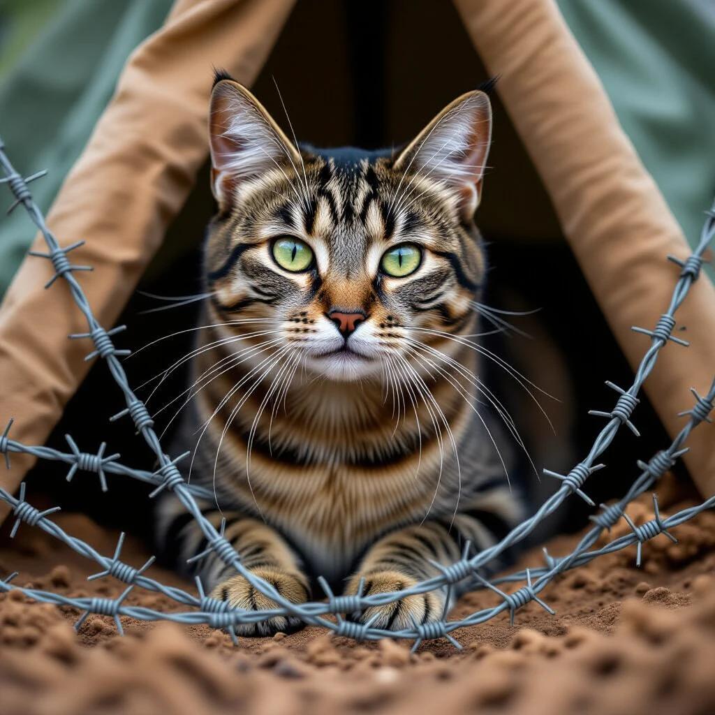 Cat sitting inside a tent with barbed wire in front. Cat has striking green eyes and a pattern typical of a Vacsacker breed. The composition captures the cat's expression and the unique setting.