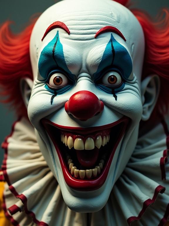 Close-up of creepy clown face. Exaggerated makeup with wide sinister smile. Red nose adds to the effect. Unsettling circus background complements the theme. Bold comic style makes it striking.