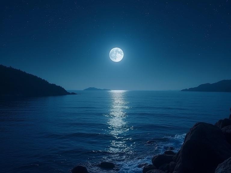 Natural landscape at sea at night. Realistic view of moon and ocean. Rocky shore in the foreground. Stars visible in the sky. Moonlight reflecting on water.