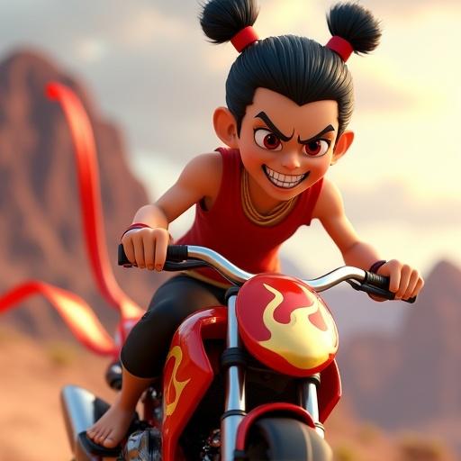 High-detail 3D render of Nezha riding a red motorcycle with flames. He has a mischievous grin and red irises. Hair in topknots with ribbons. Wearing a red vest and baggy pants. Barefoot with silver handlebars. Ribbons flow in the wind. Background with stylized mountains and warm sky. Masterpiece quality.