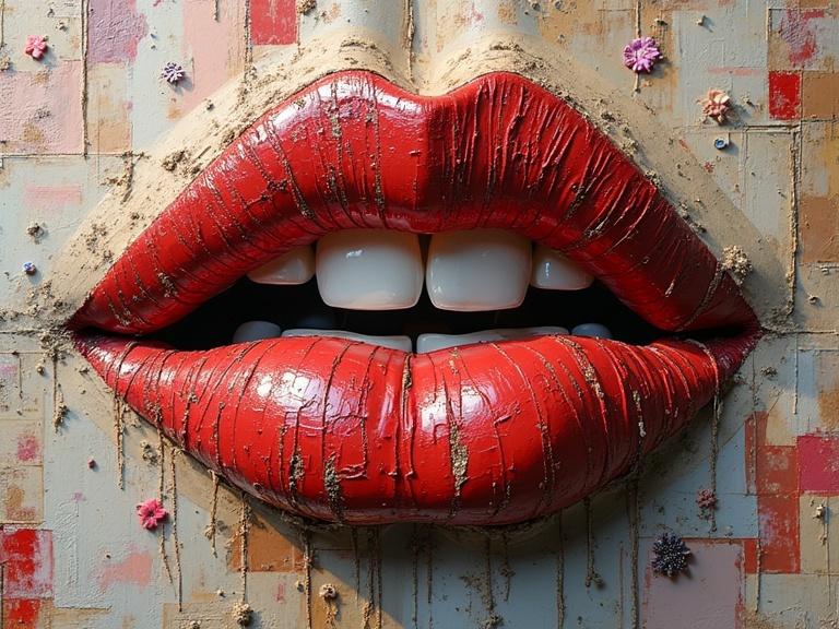 3D abstract artwork depicting oversized red lips. Glossy finish on lips. Collage of materials like newspaper, jute, and sand. Mixed media texture. Beautifully layered with a sense of depth. Evocative composition.