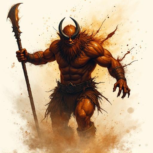 Ink paint splash art style featuring a muscular creature with horns. Character holds a spear. Brown and tan color palette. Dramatic background with splashes.