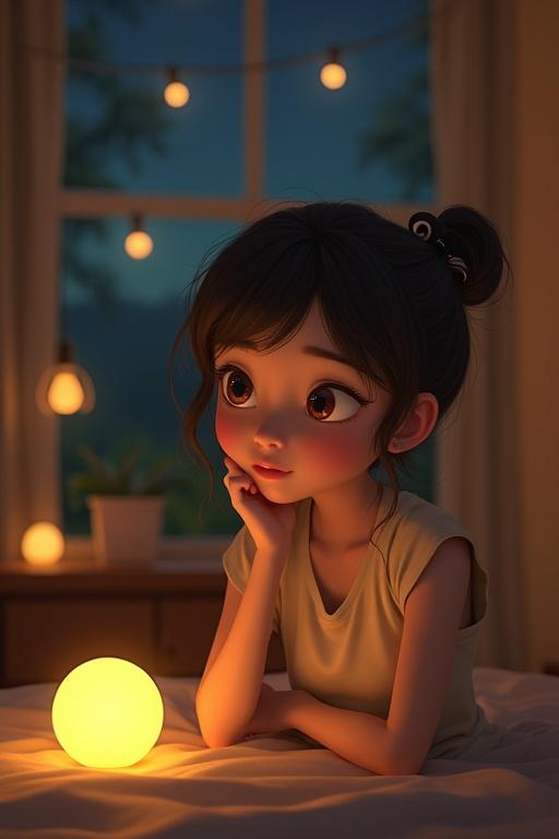Animated character with a thoughtful expression sitting in a cozy bedroom at night. Soft glow from a yellow orb near her. Warm nightlights create a nostalgic vibe.