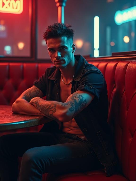 Photorealistic image of a handsome punk man with a sinewy build. Background features a ratty latex booth in a nightclub. The man is seated confidently. A ghostly figure hovers next to his head, muscular in appearance.