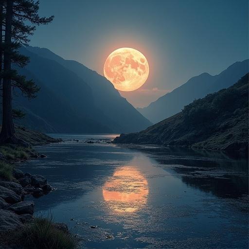 Reflective pond in the mountains illuminated by golden light of the moon.