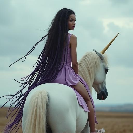 Realistic full color photograph with a girl riding a unicorn backwards. She has long untamed black and purple dreads and faces the viewer. Captures a whimsical and dynamic composition.