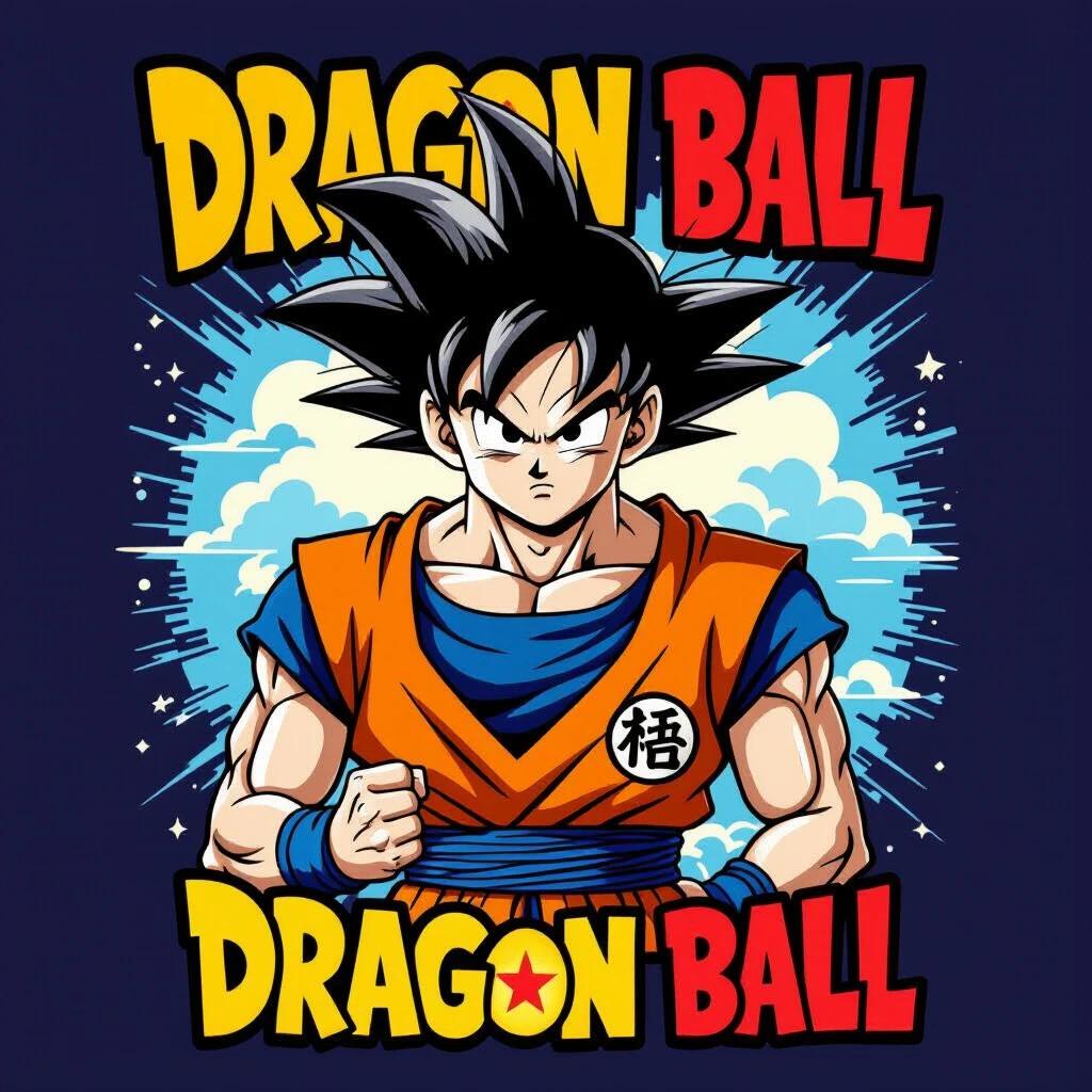 Design a Dragon Ball t-shirt. Include an illustration of Goku in comic book style. Bright colors and bold outlines.