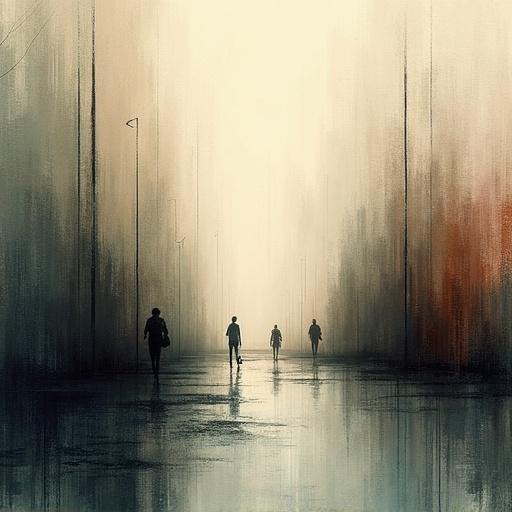 Abstract representational illustration of a hazy atmosphere with ragged transitions. Figures walking on an empty street create a sense of solitude. The artwork has an asymmetrical composition.