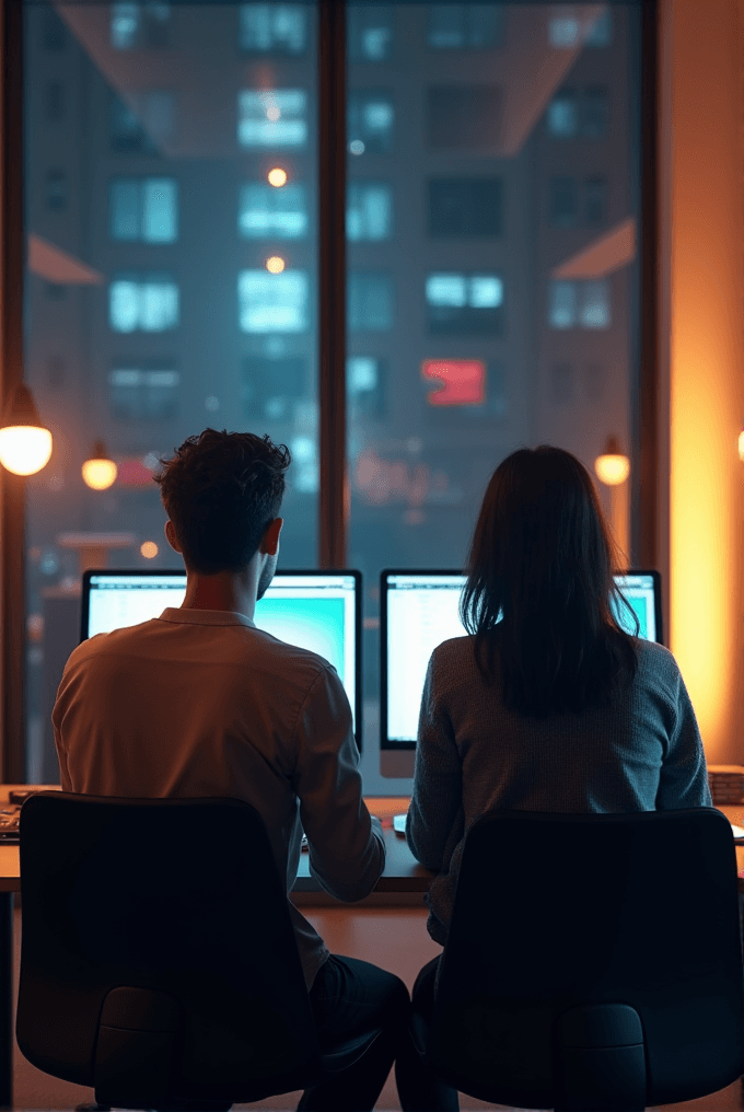 Two people sit side by side at computers in a softly lit room with a cityscape view at night.