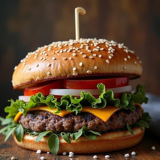 Image of a perfectly assembled hamburger with lettuce tomatoes cheese and onions. The bun is sesame topped. Set against a soft background to enhance appeal. Ideal for food marketing.