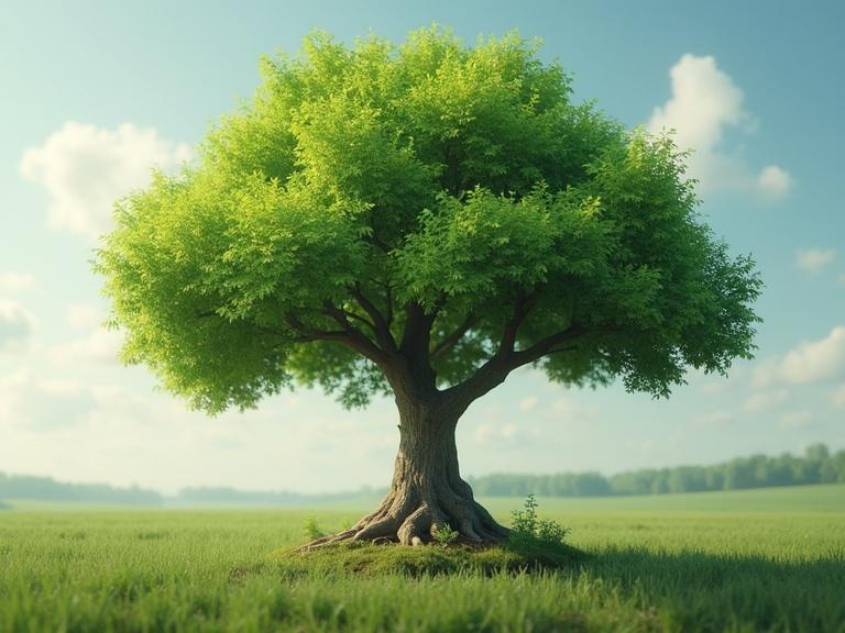 Lush green tree in an open field. Thick trunk and expansive canopy. Soft natural light. Appears vibrant and healthy. Ideal for a nature-themed educational topic.