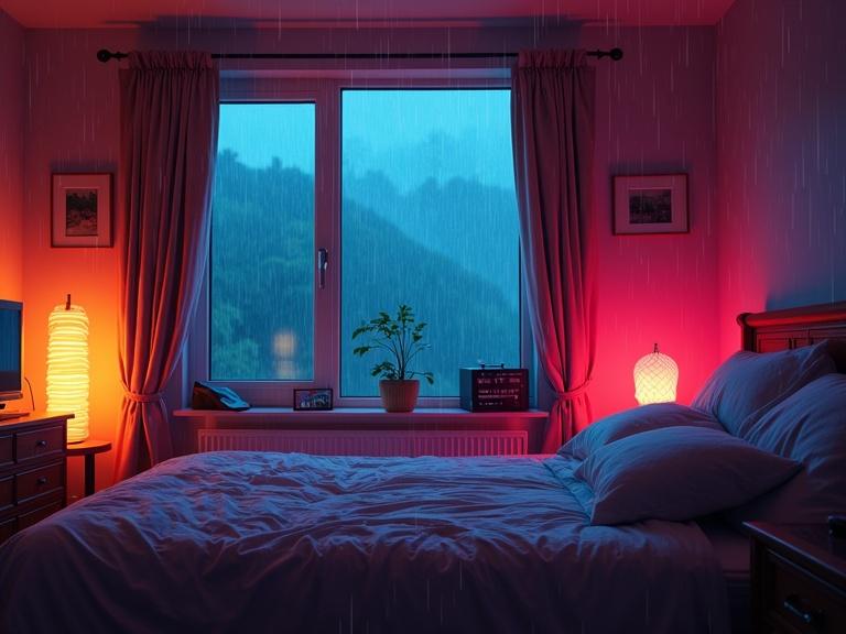 Cozy bedroom with vibrant lights. High-tech radio player near view. Heavy rain outside window. Warm indoor atmosphere contrasts with stormy weather.