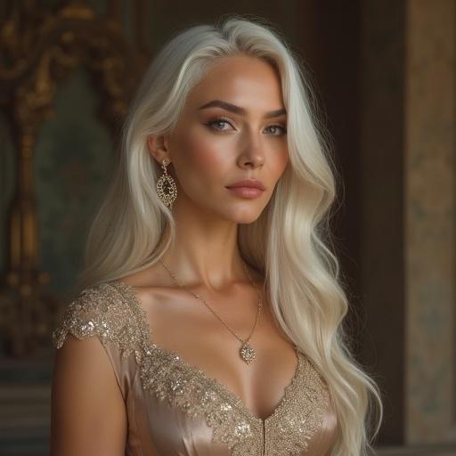 Beautiful mature woman with long white hair in elegant outfit. Glamorous figure with youthful dignified face. Soft blurred background adds focus. Warm-toned colors create a classy atmosphere. Scene set in quiet bedroom at night with intimate moment between partners.