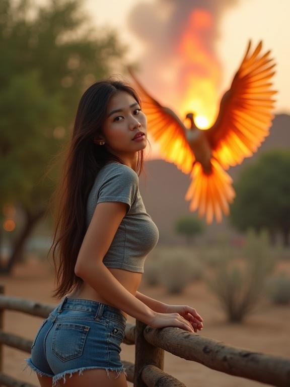 A young Cambodian woman with long brown hair stands at a rustic railing outdoors. She wears a grey crop top and denim shorts. A phoenix soars behind her, engulfed in flames against a sunset with lava in the distance. The scene conveys power and transformation.