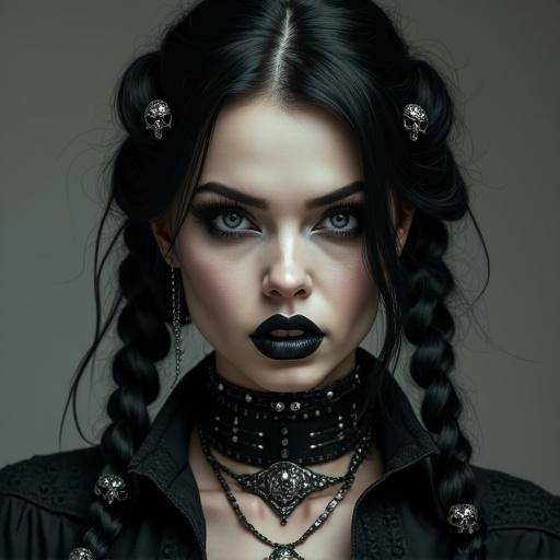 A Caucasian woman with gothic style appears. She wears dark lacey clothing with layered necklaces. Her hair is jet black and braided with silver skull accessories. Her makeup features smoky eyes heavy black eyeliner and dark lipstick. The atmosphere is intense and mysterious emphasizing gothic aesthetics.