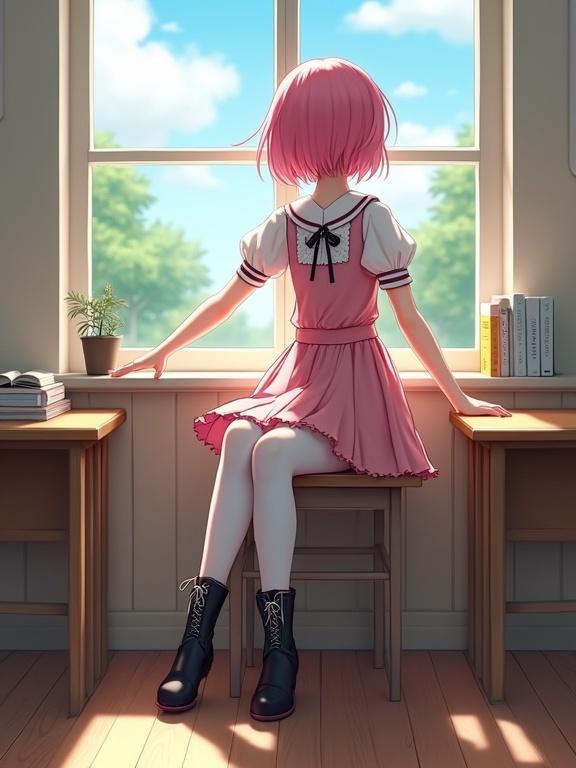 A girl with short pink hair sits near the window. She wears a pink dress with a black bow. She has white stockings and black boots. She stares outside at the clear blue sky. She is in a classroom setting. Desks and books are present around her. Soft light illuminates the space.