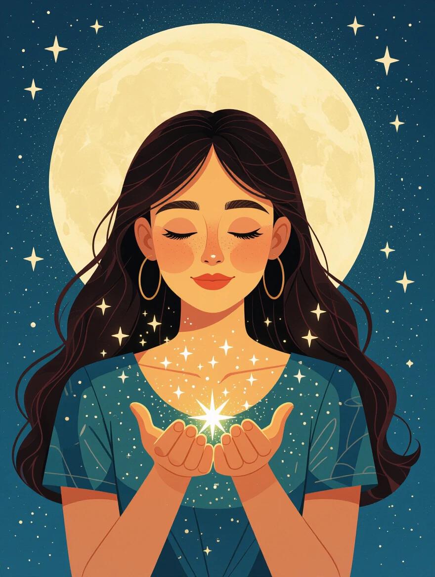 Illustration of a woman pouring stardust from her hands under a large moon. The woman stands confidently amidst a starry background and emanates a magical aura. The focus is on her poised hands with sparkling light.
