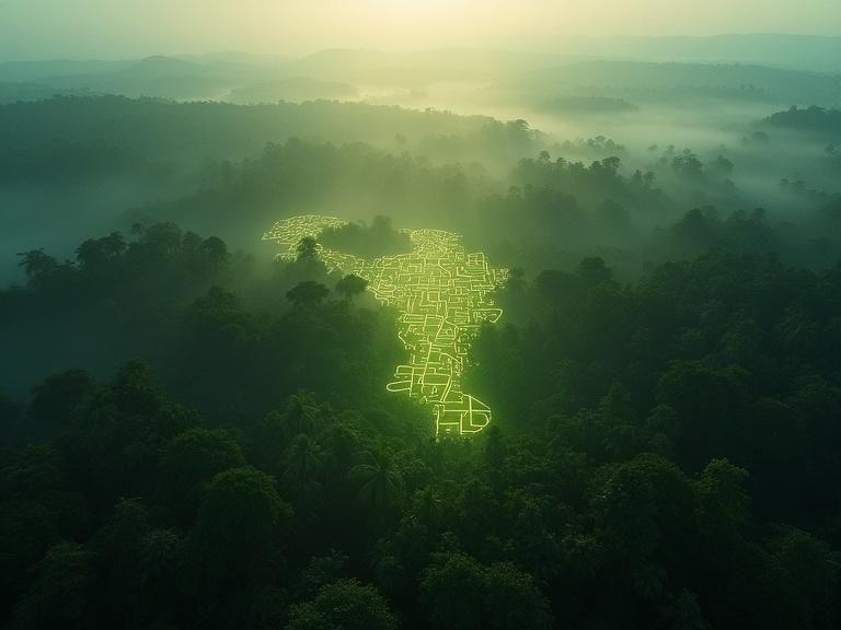 Aerial view shows the Amazon rainforest. Geometric patterns glow faintly under the canopy. City layout emerges through the trees. Dramatic sunlight breaks through mist. Bold French text reads: “Une ville sous la jungle ?” High contrast and cinematic lighting create a mysterious tone. Hyper-realistic quality is emphasized.